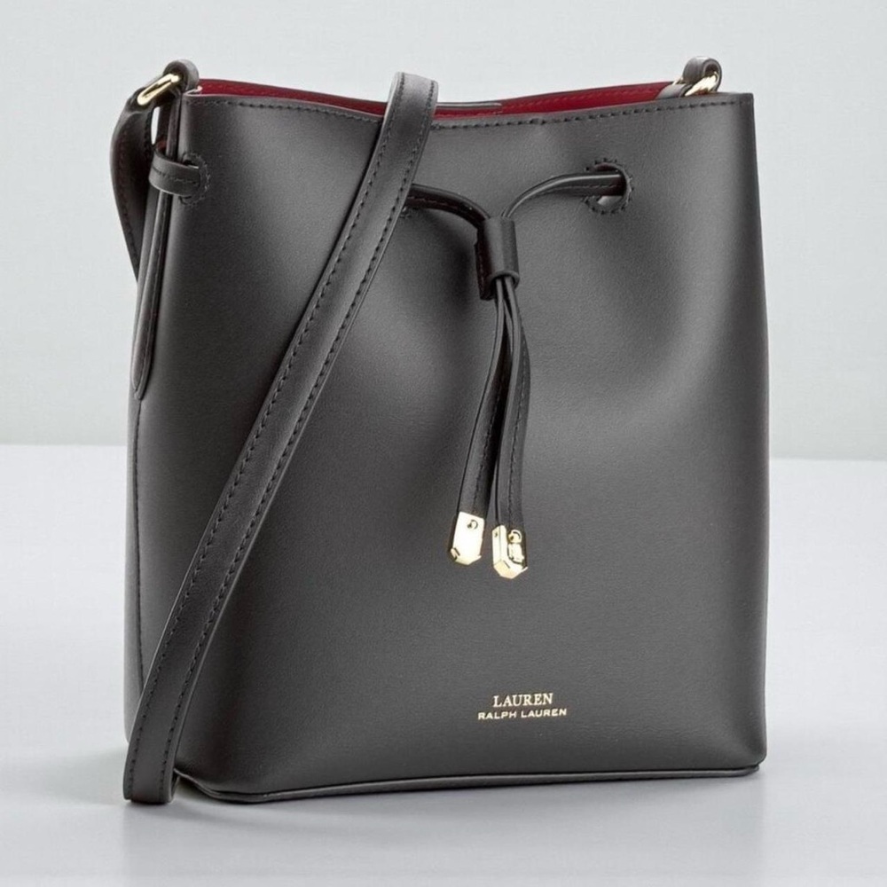Lauren Ralph Lauren Black Leather Bucket Crossbody with Red Interior